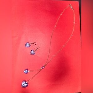 Blue glass blown in Venice, Italy Heart Necklace and Earring Set